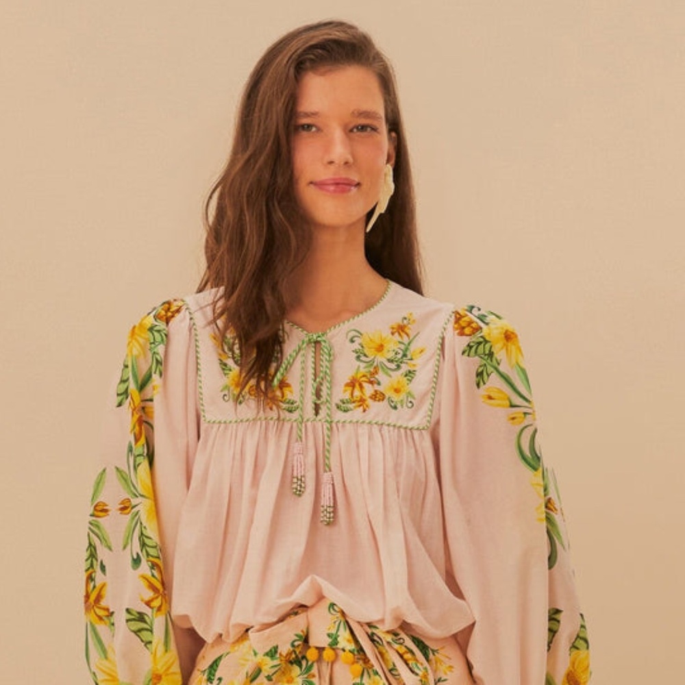 Farm Rio Pink Botanical Beauty Long Sleeve Blouse